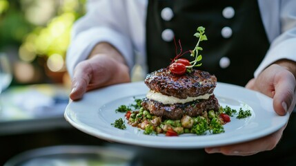 A restaurant chef presenting a gourmet dish at the pass, ready for the waitstaff to serve to customers.