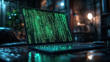 A laptop screen illuminated with vibrant green code, contrasted against a dark backdrop.