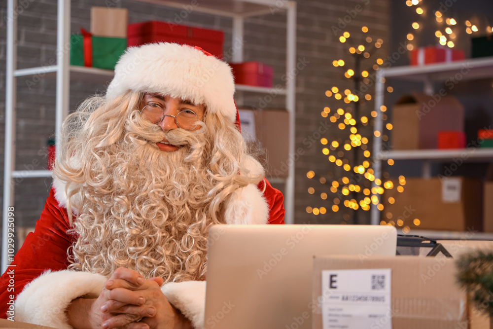 Santa Claus sitting at desk with laptop in post office