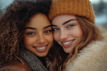 A loving lesbian couple hugs and smiles in nature at sunset, showcasing their romantic and tender connection.