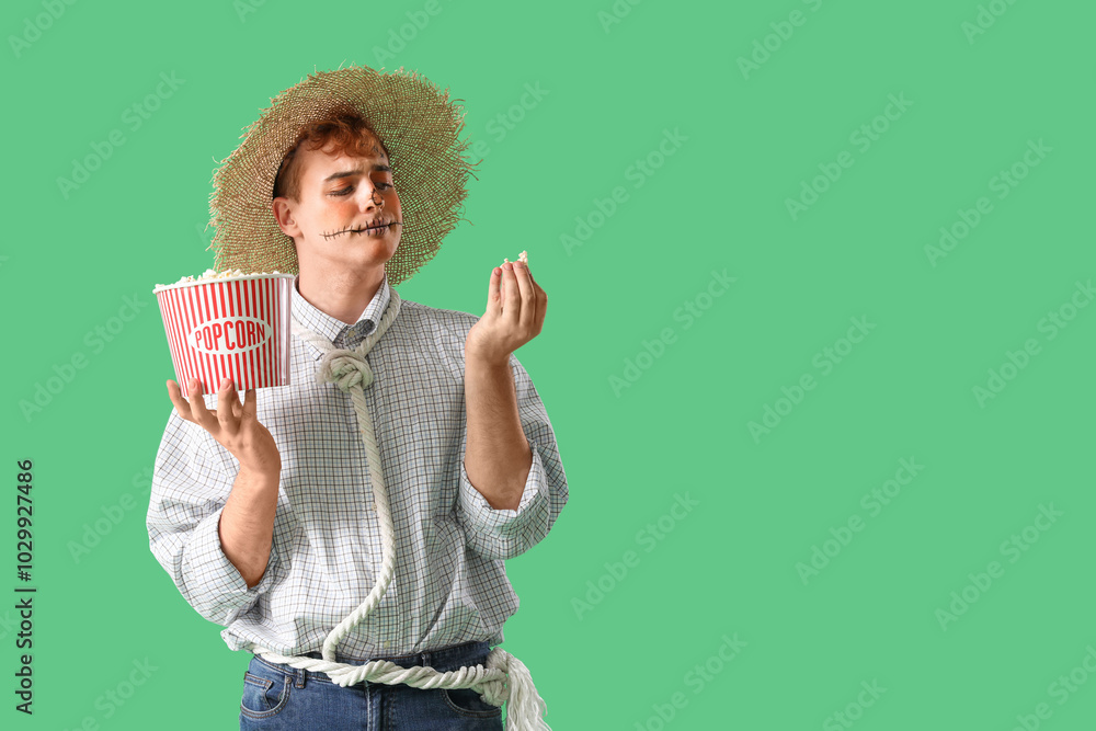 Young man dressed for Halloween with popcorn on green background
