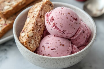 Close-up of a bowl of pink ice cream with two biscotti on the side.