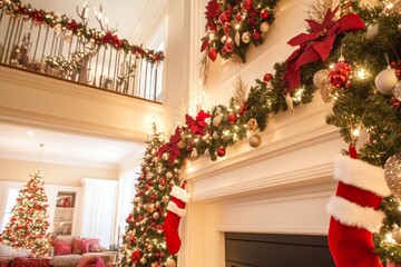 Interior decorated with garlands, red bows, stockings, and lit Christmas trees in a bright living room setting.