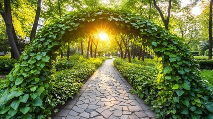  A stone path leads through a green archway of leaves, sunlight shines through the archway, creating a sense of mystery and wonder