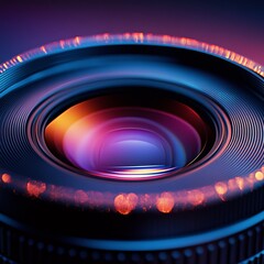 Wall Mural - Close-up of a camera lens with a colorful reflection.