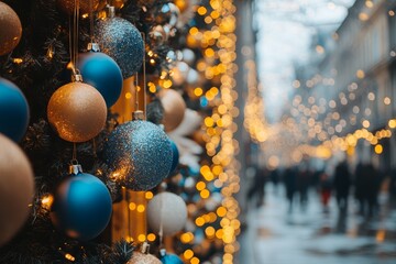 Festive Christmas ornament with glowing lights and blurred background of people at night.