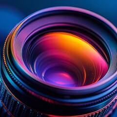 Wall Mural - Close-up of a camera lens with colorful reflections.