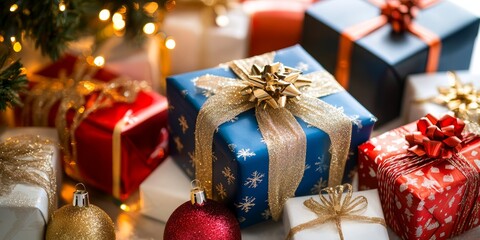 Christmas gifts with golden ribbons under a snowy Christmas tree, with soft blue and gold bokeh in the background.