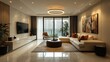 © Lina - A modern living room interior design is enhanced by a circular chandelier, adding a touch of sophistication.