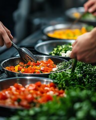 Canvas Print - Close-up of a chef preparing a colorful vegetable dish in a kitchen.