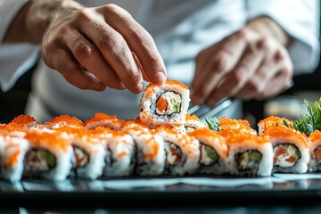 Canvas Print - Close-up of a chef's hands arranging a plate of fresh sushi rolls.