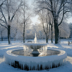 Canvas Print - Peaceful Winter Park with Snow-Covered Trees and a Frozen Fountain