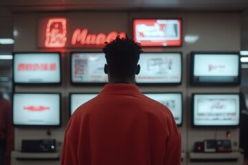 Security guard watching multiple screens in surveillance room