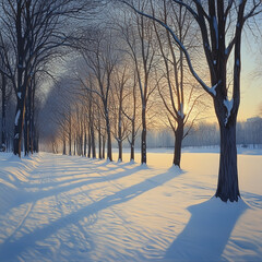 Sticker - Winter Park at Dawn with Early Morning Sun Casting Long Shadows