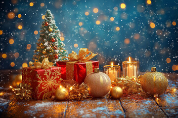 Wall Mural - Sparkling gifts and gold Christmas ornaments on wooden surface with blurred lights in the background