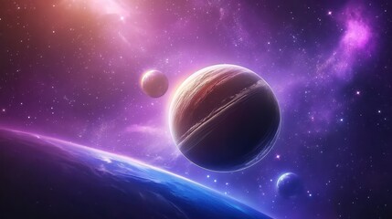 Wall Mural - a colorful galaxy background with a detailed planet, star clusters, and cosmic clouds swirling aroun