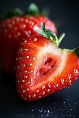 Wall Mural - Close-up of a halved ripe strawberry with a whole strawberry in the background, on a dark surface.