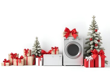 Kitchen appliances with red ribbons and bows for Christmas. Purchase of household appliances and gifts for the New Year and holidays. The concept of discounts and sales with a place for text