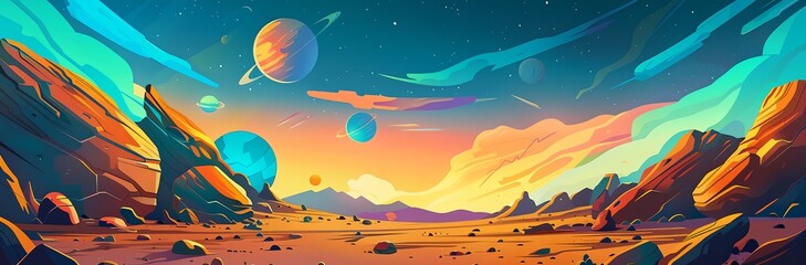 Wall Mural - a colorful space scene with planets and mountains. the sky is orange and the planets are scattered t