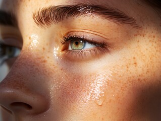 Wall Mural - A woman with green eyes and a puffy nose. The woman has a tear in her eye