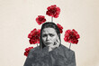 © deagreez - Creative collage picture young sad depressed woman red flowers blossom mental disorder psychology therapy session drawing background
