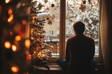 A man sits in front of a Christmas tree, looking out the window. The scene is cozy and festive, with the tree adorned with lights and ornaments. The man is lost in thought