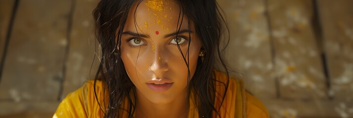 Poster - A woman with long hair and yellow dress is standing in front of a wooden floor. She has a serious expression on her face