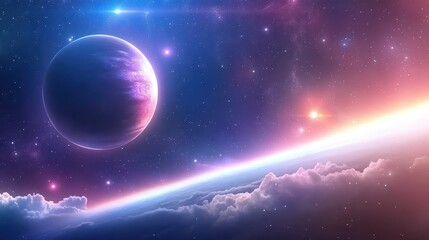 Wall Mural - bright galaxy background with a distant planet, glowing stars, and cosmic clouds in the background.