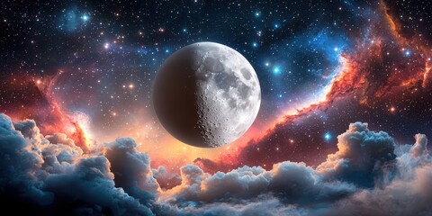 Wall Mural - galaxy and moon background with a large, detailed moon set against a backdrop of vibrant stars and c