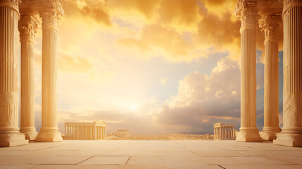 a golden yellow ancient greece and roman empire texture wallpaper background with a lot of empty blank copyspace. pillars and old buildings.