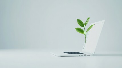 White keyboard with green plant growing from keys,representing Moral,Ethics in information technology,Green IT computing concept,Carbon efficient technology,Digital sustainability,global warming.