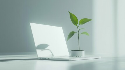 White keyboard with green plant growing from keys,representing Moral,Ethics in information technology,Green IT computing concept,Carbon efficient technology,Digital sustainability,global warming.