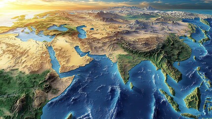 A physical map of the Middle East highlights the geography of the Arabian Peninsula with a detailed flat view of the planet.