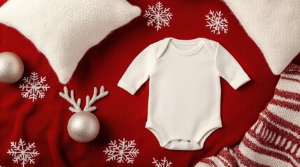 Wall Mural - Baby bodysuit on a festive blanket with holiday decorations.