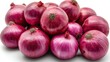 © Lina - A pile of fresh red onions displayed as a spice vegetable on a white background.