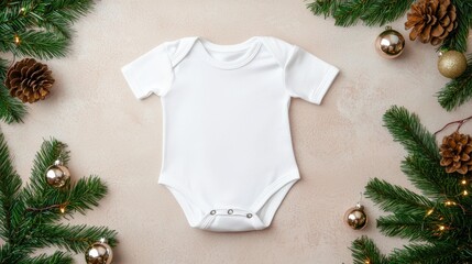 Wall Mural - Baby onesie on a festive background with holiday decor.