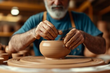 Skilled Indian Potter Molding Clay on a Spinning Wheel in Traditional Pottery