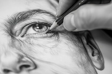 Close-up of a hand drawing a person's eye with a pencil