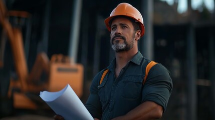 Confident Construction Worker Holding Blueprints at an Outdoor Job Site