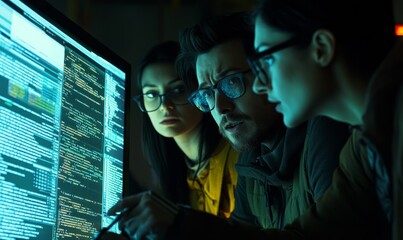 Three people are looking at a computer screen with a lot of code on it