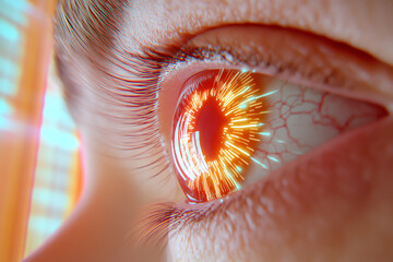 Cyber-enhanced eye with blue digital data lines reflecting in the iris, ultra-detailed macro shot, futuristic technology, sci-fi vision, and sharp photorealism.