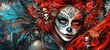 © яна винникова - A vibrant artistically painted female figure celebrating Día de los Muertos with intricate makeup, floral accents, and vivid colors