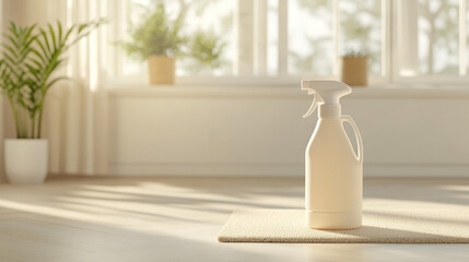 Sticker - A white spray bottle stands on beige mat in sunlit room, surrounded by potted plants. warm light creates serene atmosphere, perfect for cleaning and refreshing space