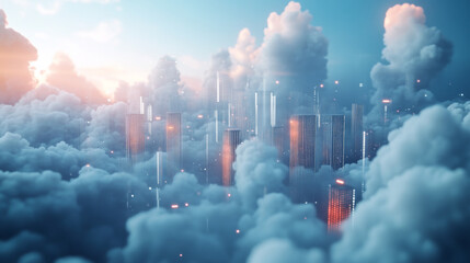 Wall Mural - a futuristic cityscape with 3d light and cloud computing. smart buildings exchange and store big dat