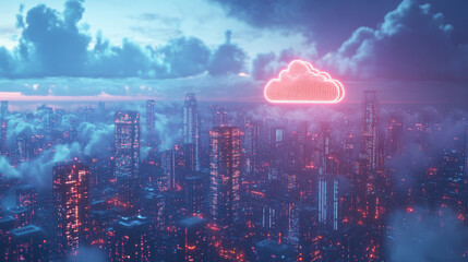 Wall Mural - a futuristic cityscape with 3d light and cloud computing. smart buildings exchange and store big dat