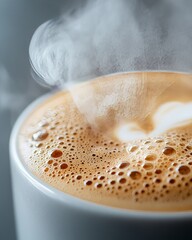 Sticker - Close-up of a steaming cup of cappuccino with a heart design in the foam.