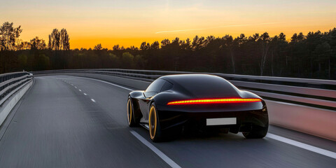 A sleek car drives along a tranquil highway at sunset surrounded by lush trees and an orange sky