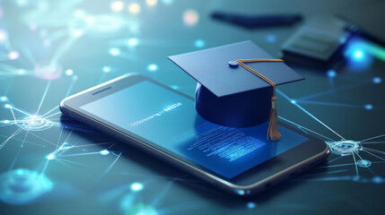 Get your college degree online with a smartphone! This certificate program is designed for easy learning. This modern banner features a 3D graduation cap and represents the future of online education.