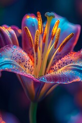 Wall Mural - Close-up of a vibrant pink lily flower with blue and orange highlights, showcasing its delicate petals and intricate details.