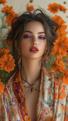 Wall Mural - Purple eye shadow, bright red lipstick, with gorgeous orange dress, orange cosmos flowers in full bloom in background